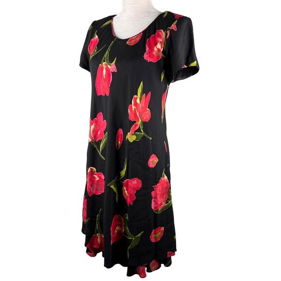 Vintage Hampton Dress Co Dress 8 Midi Black Red Tulips - Picture 3 of 12